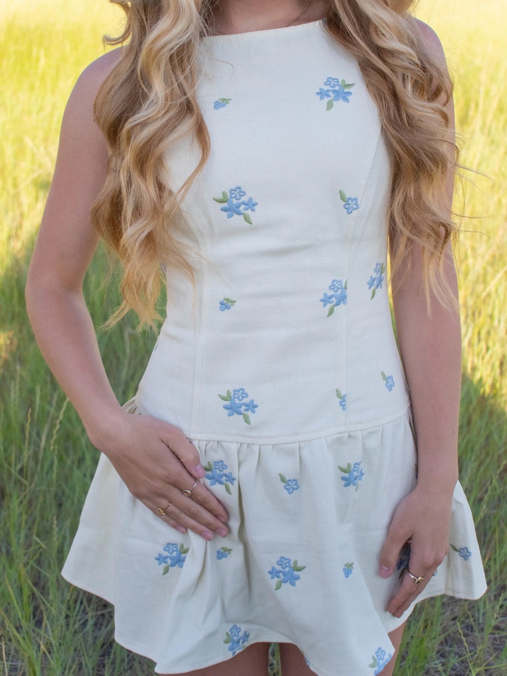 Cream Denim Dress with Blue Floral Embroidery - Women's Summer Dress